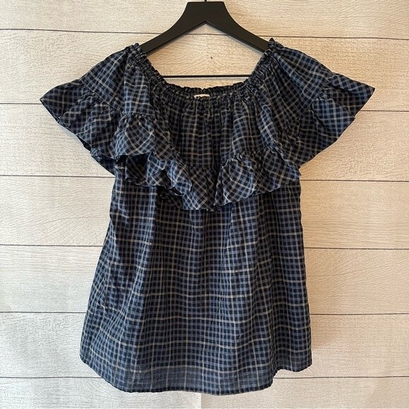 HACHE Ruffle Off The Shoulder Plaid Cotton Blouse Top Blue Small / IT40 - Picture 4 of 7